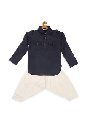 Infant  Navy Blue Cotton Blend Pathani Kurta Set 4
