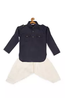 Infant  Navy Blue Cotton Blend Pathani Kurta Set