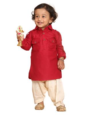 Infant  Maroon Cotton Blend Pathani Kurta Set 1