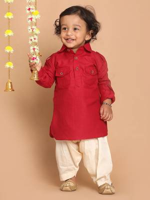 Infant  Maroon Cotton Blend Pathani Kurta Set 2