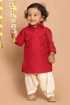 Infant  Maroon Cotton Blend Pathani Kurta Set