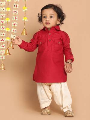Infant  Maroon Cotton Blend Pathani Kurta Set 3
