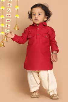 Infant  Maroon Cotton Blend Pathani Kurta Set