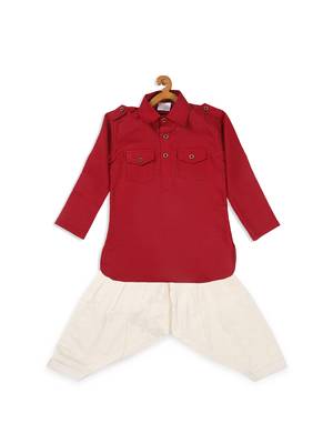 Infant  Maroon Cotton Blend Pathani Kurta Set 4