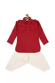 Infant  Maroon Cotton Blend Pathani Kurta Set