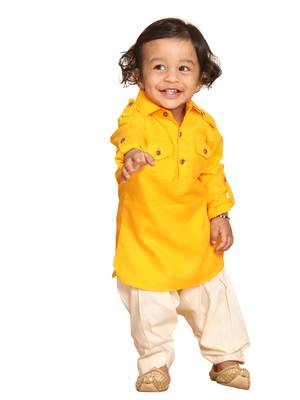 Infant  Yellow Cotton Blend Pathani Kurta Set 1