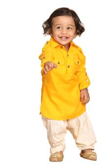 Infant Boys Yellow Cotton Blend Pathani Kurta Set