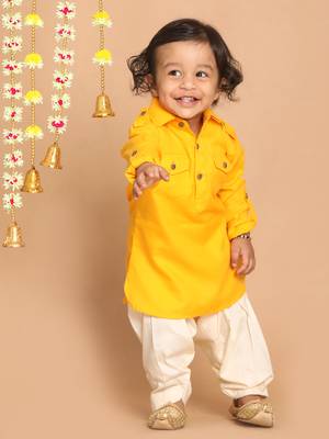 Infant  Yellow Cotton Blend Pathani Kurta Set 2