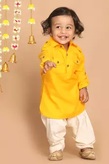Infant  Yellow Cotton Blend Pathani Kurta Set