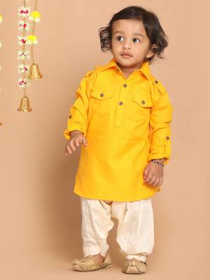 Infant  Yellow Cotton Blend Pathani Kurta Set 3