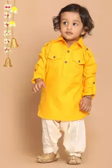 Infant  Yellow Cotton Blend Pathani Kurta Set