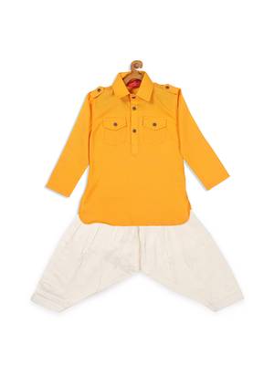 Infant  Yellow Cotton Blend Pathani Kurta Set 4