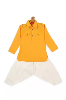 Infant  Yellow Cotton Blend Pathani Kurta Set