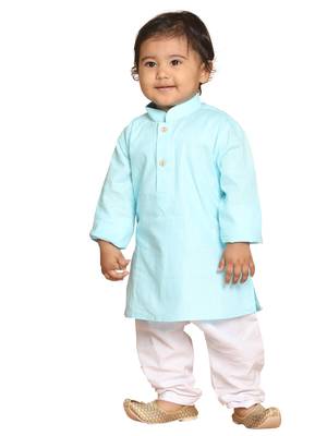 Infant  Aqua And White Cotton Blend Kurta Pyjama Set 1