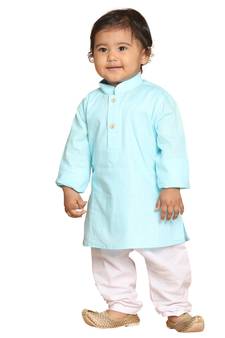 Infant Boys Aqua And White Cotton Blend Kurta Pyjama Set