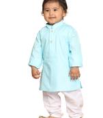Infant  Aqua And White Cotton Blend Kurta Pyjama Set