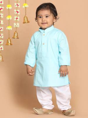 Infant  Aqua And White Cotton Blend Kurta Pyjama Set 2