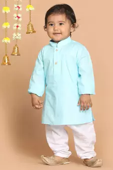 Infant  Aqua And White Cotton Blend Kurta Pyjama Set