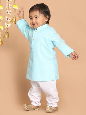 Infant  Aqua And White Cotton Blend Kurta Pyjama Set 3