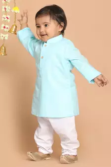 Infant  Aqua And White Cotton Blend Kurta Pyjama Set