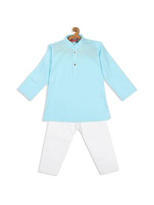 Infant  Aqua And White Cotton Blend Kurta Pyjama Set 4