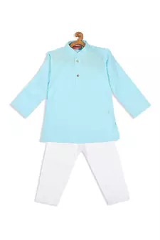 Infant  Aqua And White Cotton Blend Kurta Pyjama Set