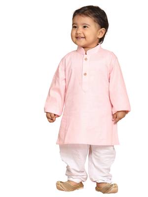 Infant  Pink And White Cotton Blend Kurta Pyjama Set 1