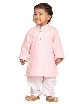 Infant Boys Pink And White Cotton Blend Kurta Pyjama Set