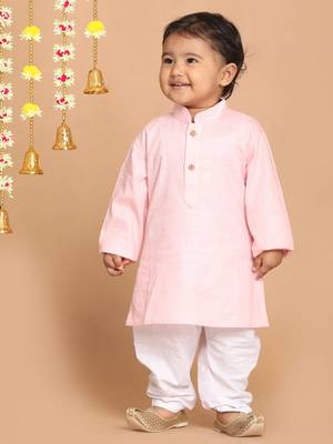 Infant  Pink And White Cotton Blend Kurta Pyjama Set 2
