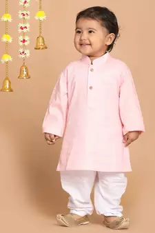 Infant  Pink And White Cotton Blend Kurta Pyjama Set