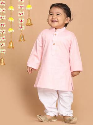 Infant  Pink And White Cotton Blend Kurta Pyjama Set 3