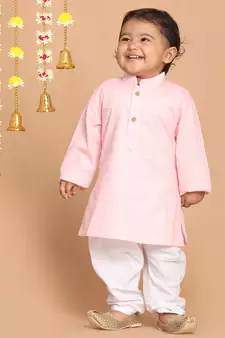 Infant  Pink And White Cotton Blend Kurta Pyjama Set
