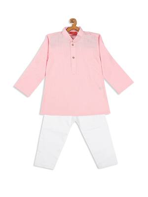 Infant  Pink And White Cotton Blend Kurta Pyjama Set 4