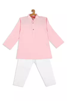 Infant  Pink And White Cotton Blend Kurta Pyjama Set