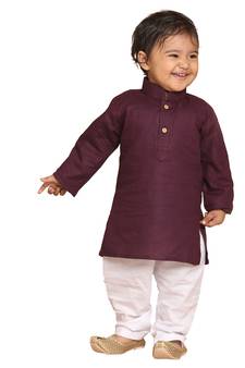Infant Boys Purple And White Cotton Blend Kurta Pyjama Set