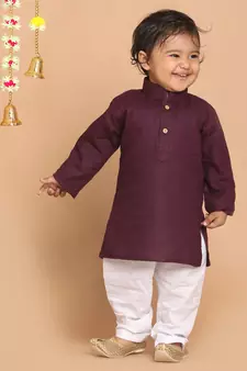 Infant  Purple And White Cotton Blend Kurta Pyjama Set