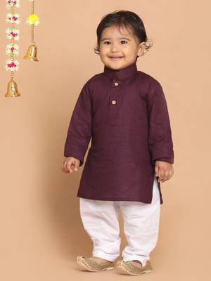 Infant  Purple And White Cotton Blend Kurta Pyjama Set 3