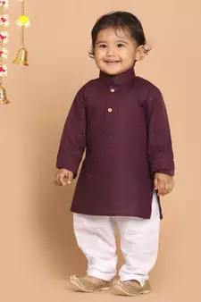 Infant  Purple And White Cotton Blend Kurta Pyjama Set
