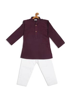 Infant  Purple And White Cotton Blend Kurta Pyjama Set 4
