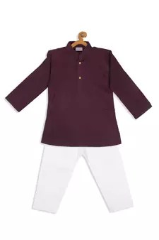 Infant  Purple And White Cotton Blend Kurta Pyjama Set