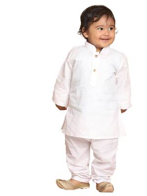 Infant  White Cotton Blend Kurta Pyjama Set 1