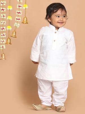 Infant  White Cotton Blend Kurta Pyjama Set 2