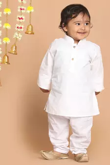 Infant  White Cotton Blend Kurta Pyjama Set