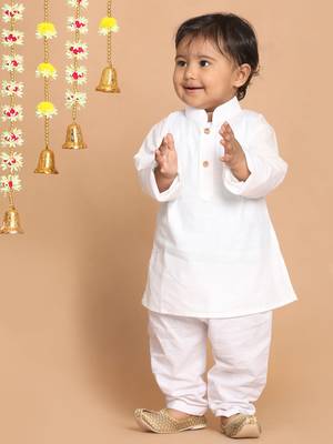 Infant  White Cotton Blend Kurta Pyjama Set 3