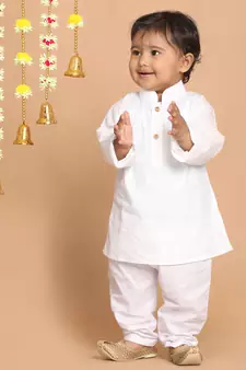 Infant  White Cotton Blend Kurta Pyjama Set