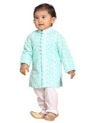 Infant  Green And White Pure Cotton Kurta Pyjama Set 1