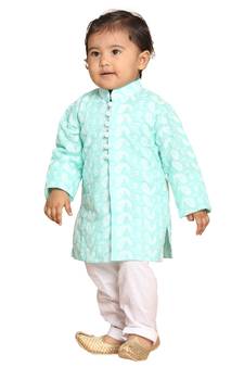 Infant Boys Green And White Pure Cotton Kurta Pyjama Set