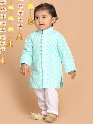 Infant  Green And White Pure Cotton Kurta Pyjama Set 2