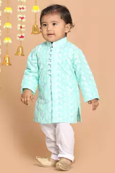 Infant  Green And White Pure Cotton Kurta Pyjama Set