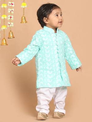 Infant  Green And White Pure Cotton Kurta Pyjama Set 3